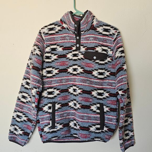 Cinch Pullover Geometric Aztec Southwest design Sherpa fleece Small Red Blue - Picture 1 of 2